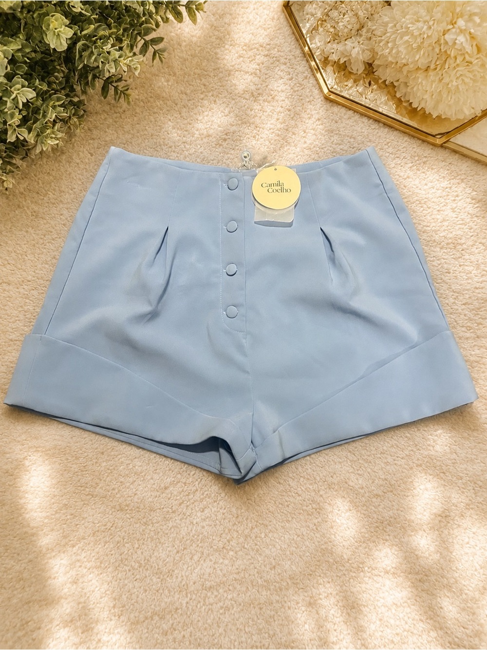Camila Coelho Light Blue High-Waist Pleated Button Front Shorts